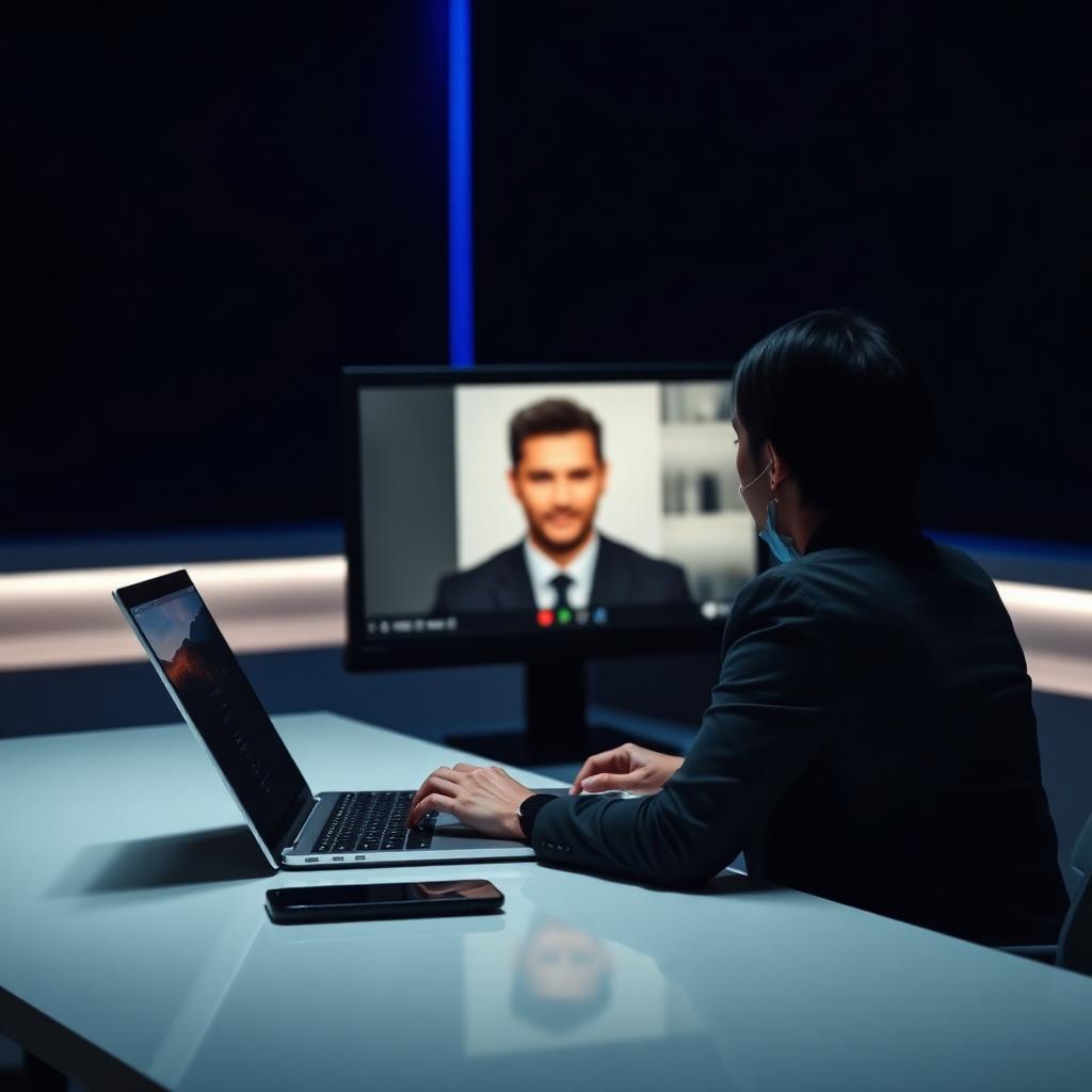 Trader on a video consultation call with a laptop on a clean desk